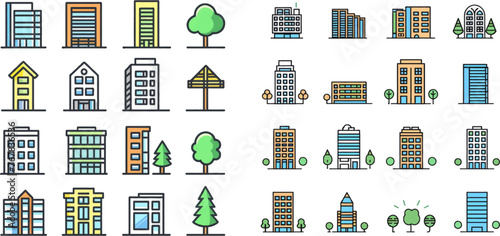 Urban architecture. Residential and municipal buildings linear pictograms pack. Logotype design elements