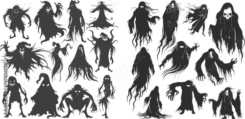 Flying metaphysical wicked ghostly vector isolated icon illustration set