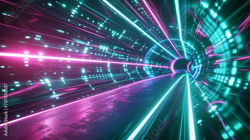 Abstract space background with glowing blue trails in motion loop abstract futuristic background portal tunnel with pink blue and green glowing neon moving high speed wave lines and glare lights. Data