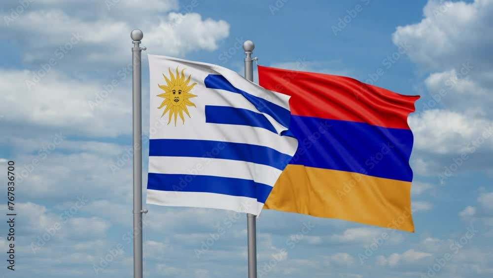 Armenia and Uruguay two flags waving together, looped video, two country cooperation concept Armenia and Uruguay two flags waving together, looped video, two country cooperation concept