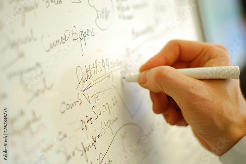 A person is writing on a whiteboard with a marker. The writing appears to be a list of numbers and possibly some form of mathematical equation. Scene is focused and serious