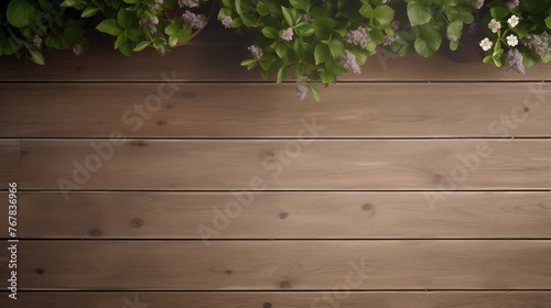 Lush greenery over wooden slats background with copy space above