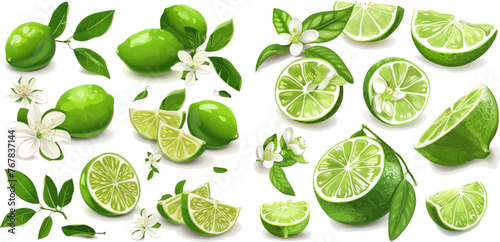 Limes slices, green citrus fruit with leaves