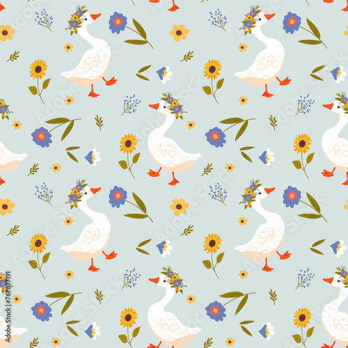 Pattern cute goose in a wreath of flowers, sunflower, flowers, in kawaii style, vector illustration