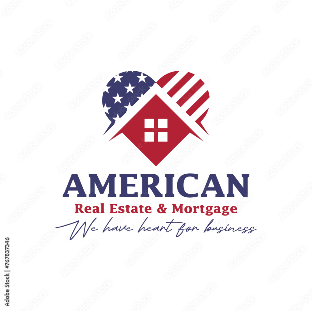 Obraz premium American real estate and mortgage logo design. Modern logo with American flag and heart.