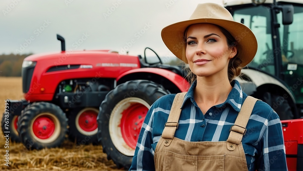 Proud attractive confident female farmer standing in front of agricultural machinery