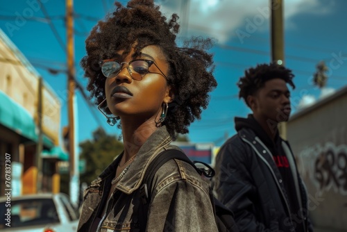 A black girl and a black man pose for a photo, dressed in street fashion, casual clothing. Cinematic frame. Afternoon sunny day