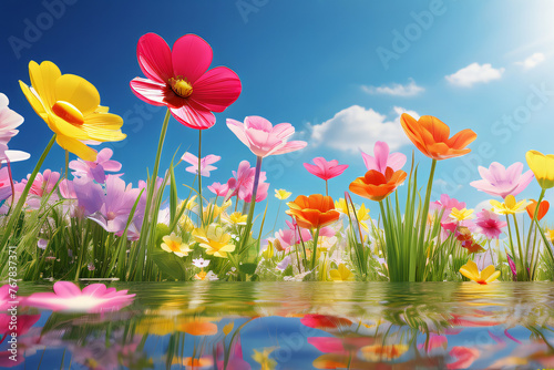 Frühlingswiese mit See, Blumen und Gräsern im Sommer © Pixelot