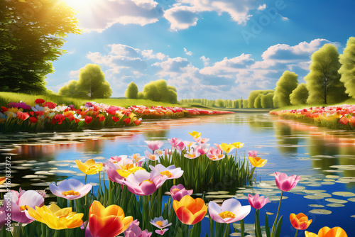 Frühlingswiese mit See, Blumen und Gräsern im Sommer © Pixelot