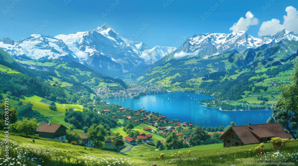 A picturesque view of the Swiss Alps, with snowcapped peaks and lush green meadows