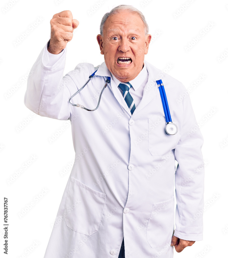 Senior handsome grey-haired man wearing doctor coat and stethoscope angry and mad raising fist frustrated and furious while shouting with anger. rage and aggressive concept. Senior handsome grey-haired man wearing doctor coat and stethoscope angry and mad raising fist frustrated and furious while shouting with anger. rage and aggressive concept.