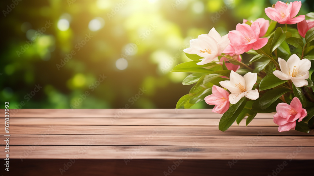 Warm wooden background with copy space and vibrant pink azaleas