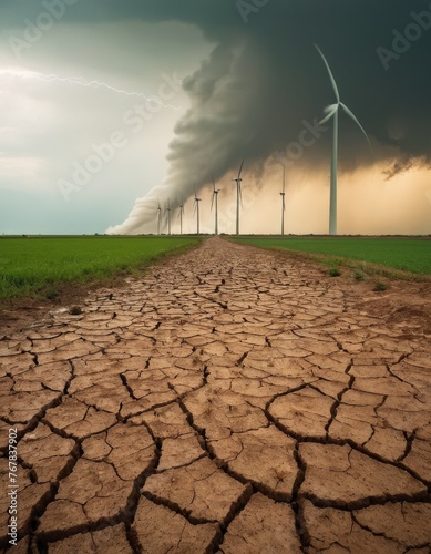 Conceptual image showing the stark contrast between a dry cracked earth and wind turbines under a stormy sky, symbolizing climate change