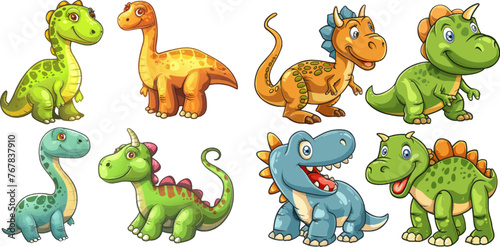 Comic dinosaurs vector illustration set. Dinosaur and monster  comic prehistoric reptile