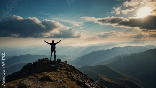Silhouette of a person standing on the top of a mountain with arm towards the sky celebrating their achievement photo