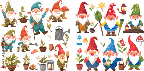Cute gnomes with beard funny garden decoration, adorable dwarfs with lantern