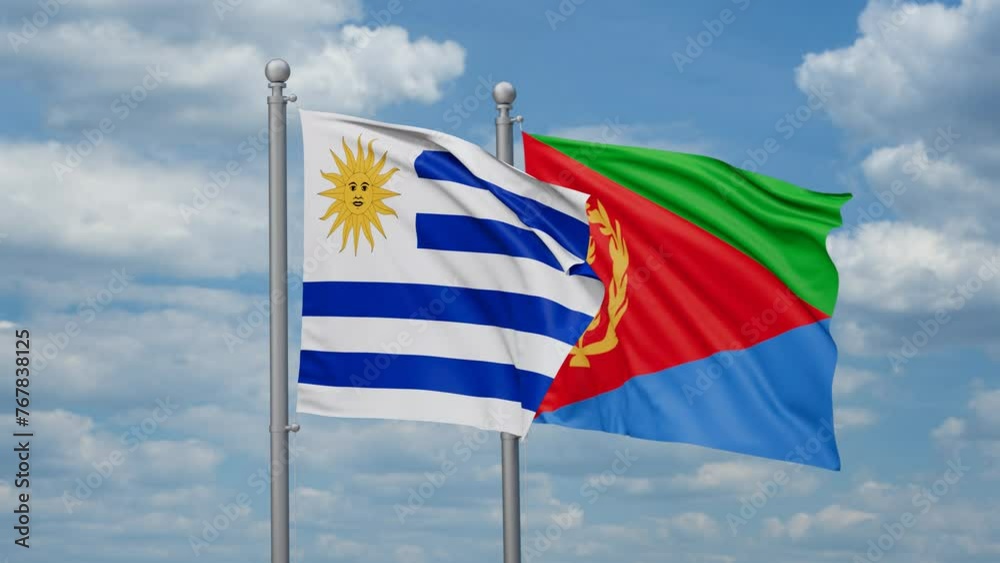 Eritrea and Uruguay two flags waving together, looped video, two country cooperation concept Eritrea and Uruguay two flags waving together, looped video, two country cooperation concept