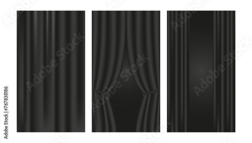Black silk curtains. Set of banners with place for text. Vector illustration