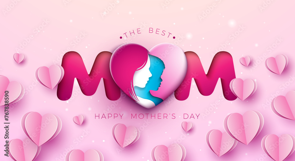 Happy Mothers Day Greeting Card Design with Heart and Woman Face and Child Silhouette on Light Pink Background. Vector Mothers Day Illustration for Banner, Postcard, Flyer, Invitation, Brochure