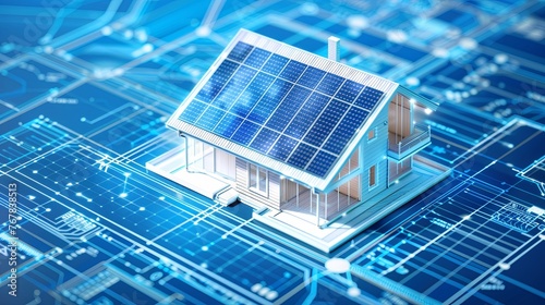 Blue print of smart home with solar panels rooftop system for renewable energy concepts as wide banner with copy space area. Solar panels on a house roof capture sunlight to generate clean electricit