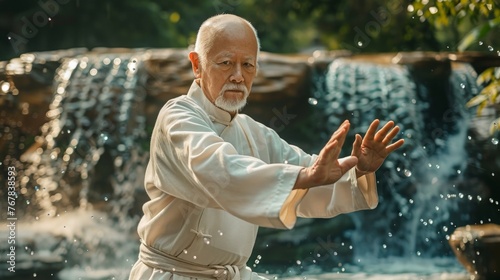 Asian senior man practicing tai chi in park