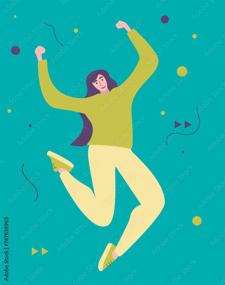 Naklejka premium Girl jumps happy. Dance of happiness. Good news.