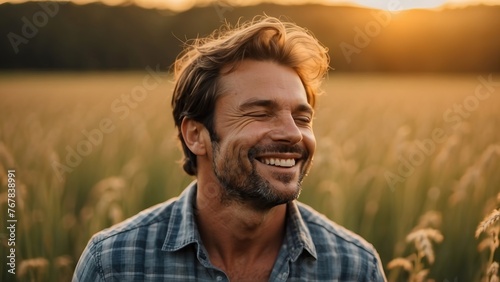 Portrait of calm happy smiling free man with closed eyes