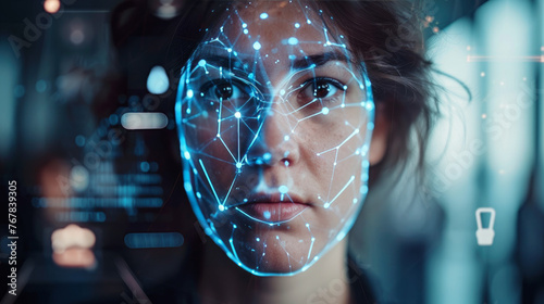 A photo capturing a person undergoing facial recognition for security, with the technology interface visible on the screen. photo