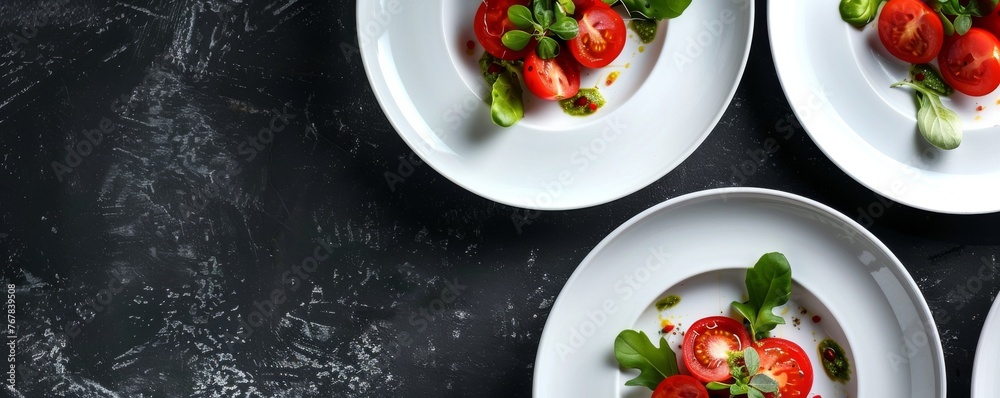 Fresh vegetable salad on a plate on a dark table, top view. Fresh vegetable salad on a plate on a dark table, top view.