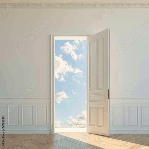 Open wooden door frame with blue sky and clouds.