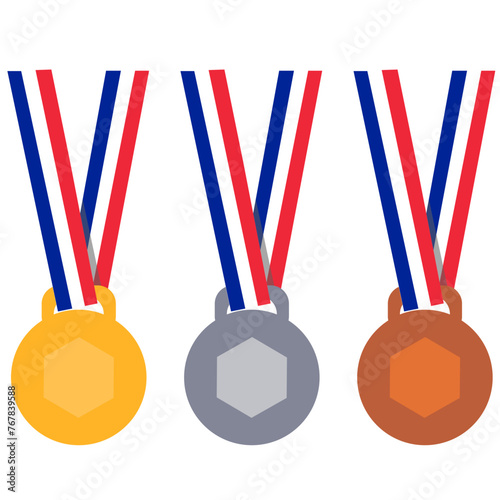 Set of golden, silver and bronze medals with red, white and blue ribbons. Olimpic and Paralympic games 2024 