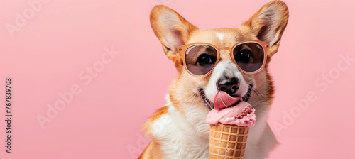 Cute corgi dog in sunglasses eats ice cream on pastel pink background with copy space banner for summer vacation, travel and advertising concept