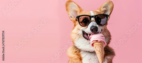 Cute corgi dog in sunglasses eats ice cream on pastel pink background with copy space banner for summer vacation, travel and advertising concept