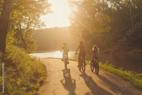 Three people are riding bikes on a path next to a river