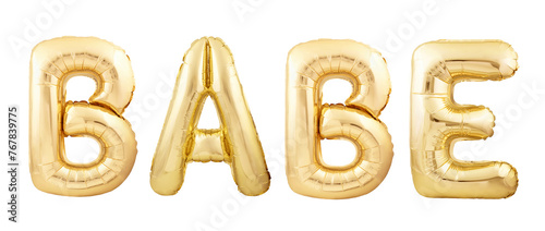 BABE word made of golden inflatable party balloons isolated on white background