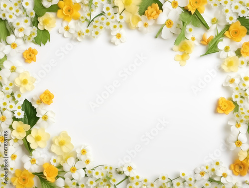 Springtime freshness background with copy space, white and yellow floral frame © Artem81