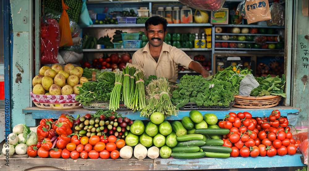 An Indian man selling wide variety of vegetables in his shop.