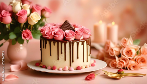 A table set with a pink tablecloth and plates  with a chocolate cake topped with melted chocolate