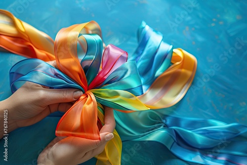 A person is holding a bunch of colorful ribbons