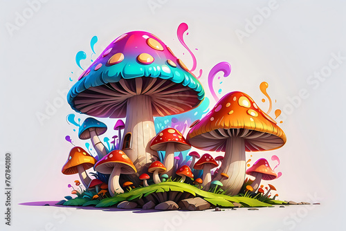 Enchanted Toadstools: Colorful Mushroom Cluster for Fantasy Illustration.This cluster of colorful mushrooms brings enchantment to any space, perfect for fantasy illustrations, magical story settings