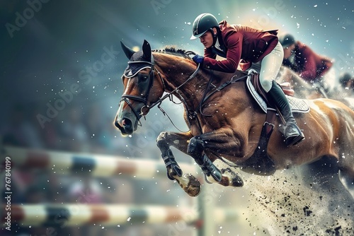 A horse is jumping over a hurdle in a race photo