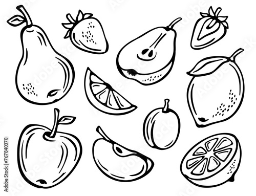 Fruit selection: apple, pear, strawberry, plum, lemon