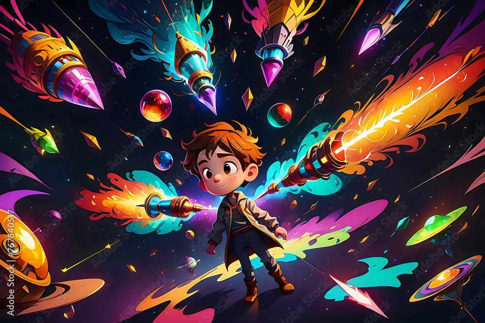 Dynamic image of a young hero wielding flaming swords in a vibrant, colorful fantasy world filled with rockets and explosions. Perfect for children's illustrations, fantasy art, digital designs, and a Dynamic image of a young hero wielding flaming swords in a vibrant, colorful fantasy world filled with rockets and explosions. Perfect for children's illustrations, fantasy art, digital designs, and a