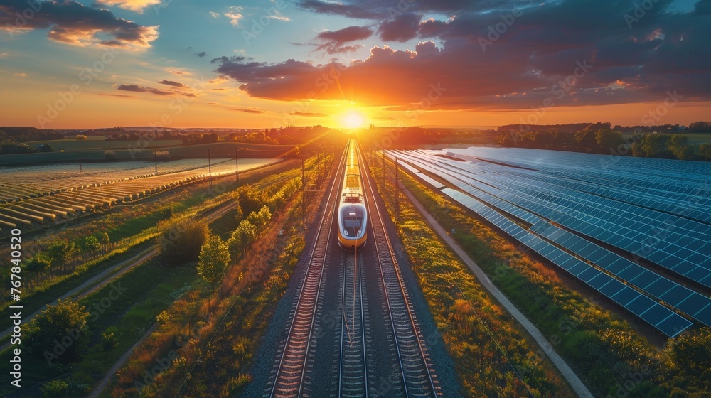 Fototapeta premium High-speed train powered by renewable energy, with solar panels along the track, representing sustainable transport