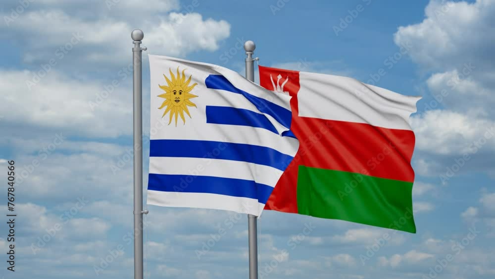 Oman and Uruguay two flags waving together, looped video, two country cooperation concept Oman and Uruguay two flags waving together, looped video, two country cooperation concept