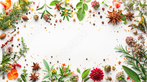An artful arrangement of fresh herbs, flowers, and spices graces the frame against a pristine white background. The composition forms an incomplete circular pattern with copy space in the centre.