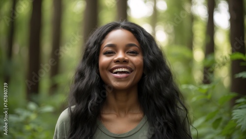 Overjoyed young black woman spend day green forest feel good