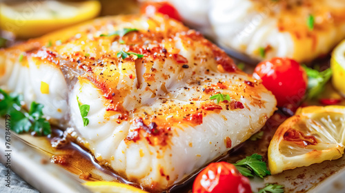 Grilled fish fillets with spices, lemon & cherry tomatoes. Perfect for healthy recipes and gourmet meals.