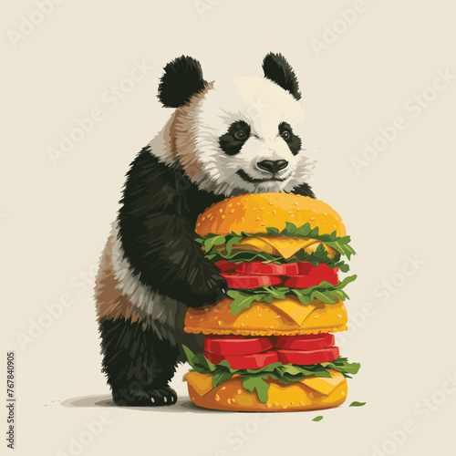 A panda cuddles with a burger in a charming illustration