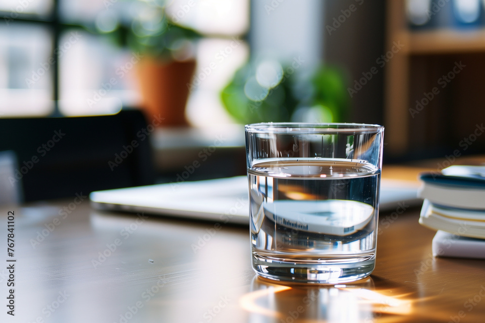 glass of water on table in office glass of water on table in office